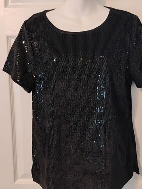 Isaac Mizrahi Black Sequin Short Sleeve Scoop Neck Top